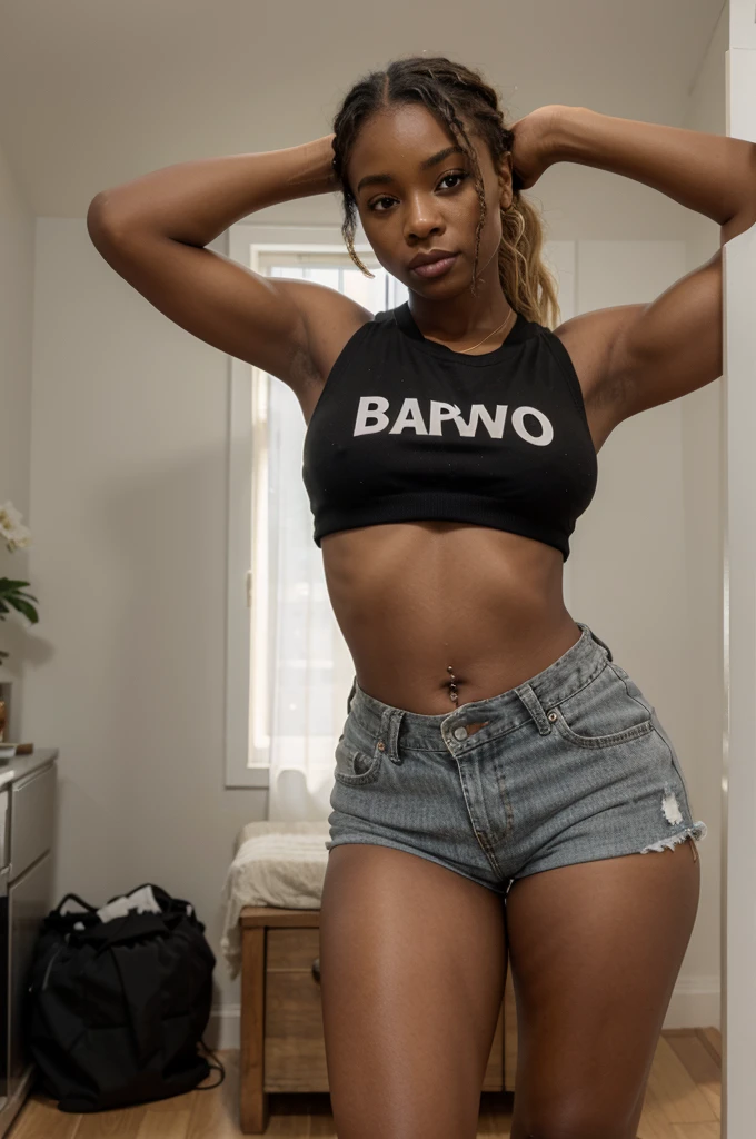 There is a black woman with black power, dyed blonde, Standing in a room, sutiã e shorts streetwear, slim waist and thick hips, smallest belly ever, beautiful belly, toned body, skin fair, sexy girl wearing shorts, skin tanned, t-shirt and shorts, Asterote, crop top e shorts, attractive body, apta, 8k photo