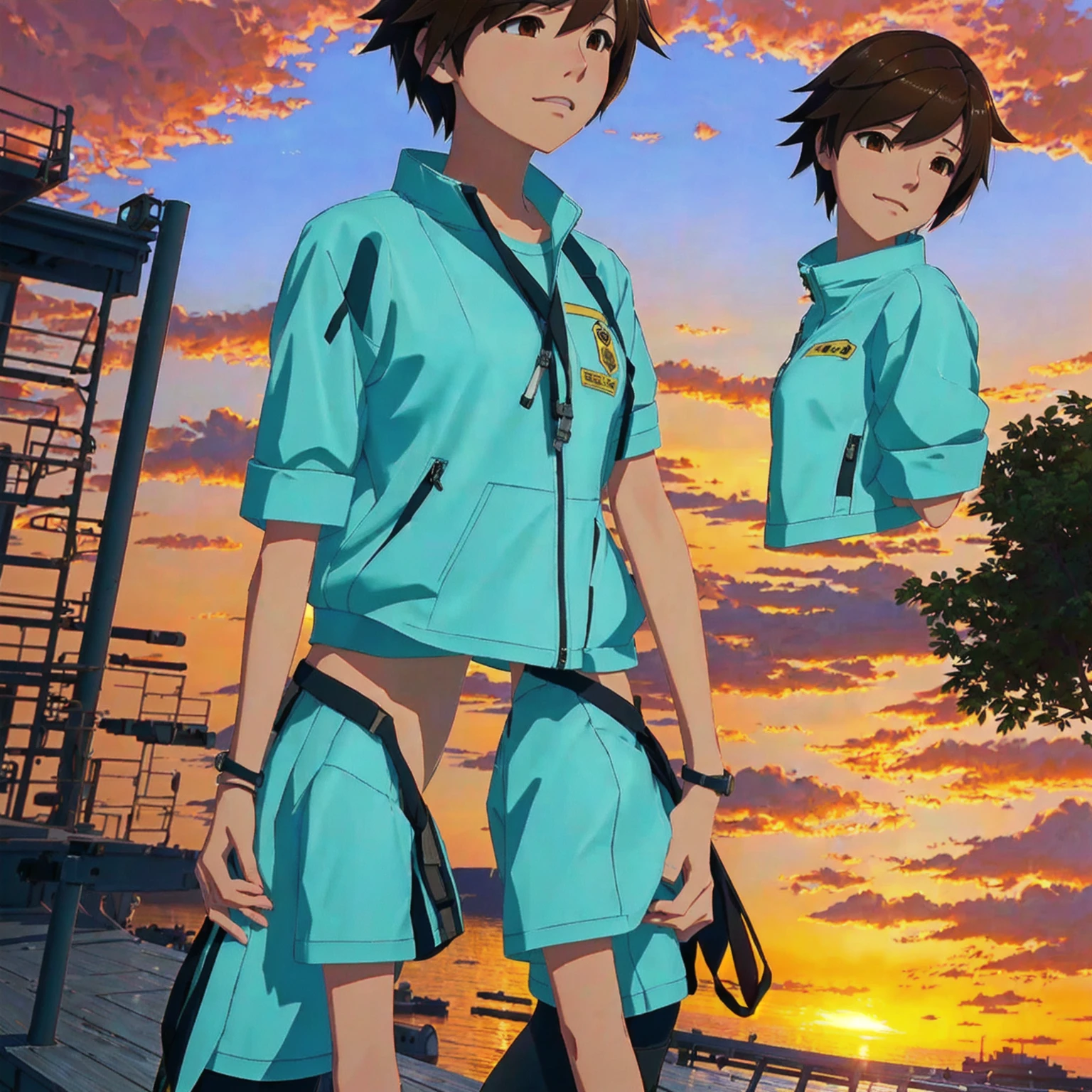 cartoon of a woman standing on a dock with a sunset in the background, makoto shinkai art style, makoto shinkai style, in style of makoto shinkai, makoto shinkai ( apex legends ), style of makoto shinkai, makoto shinkai. high detail, makoto shinkai. digital render, inspired by Makoto Shinkai