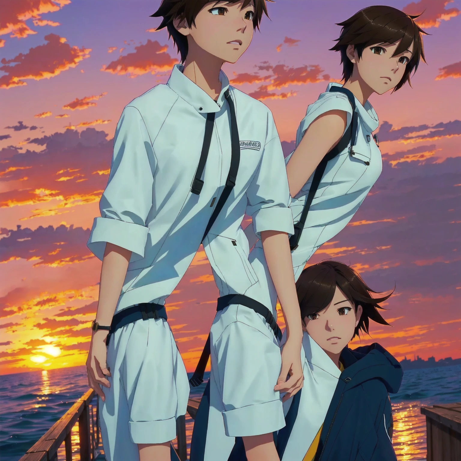 cartoon of a woman standing on a dock with a sunset in the background, makoto shinkai art style, makoto shinkai style, in style of makoto shinkai, makoto shinkai ( apex legends ), style of makoto shinkai, makoto shinkai. high detail, makoto shinkai. digital render, inspired by Makoto Shinkai