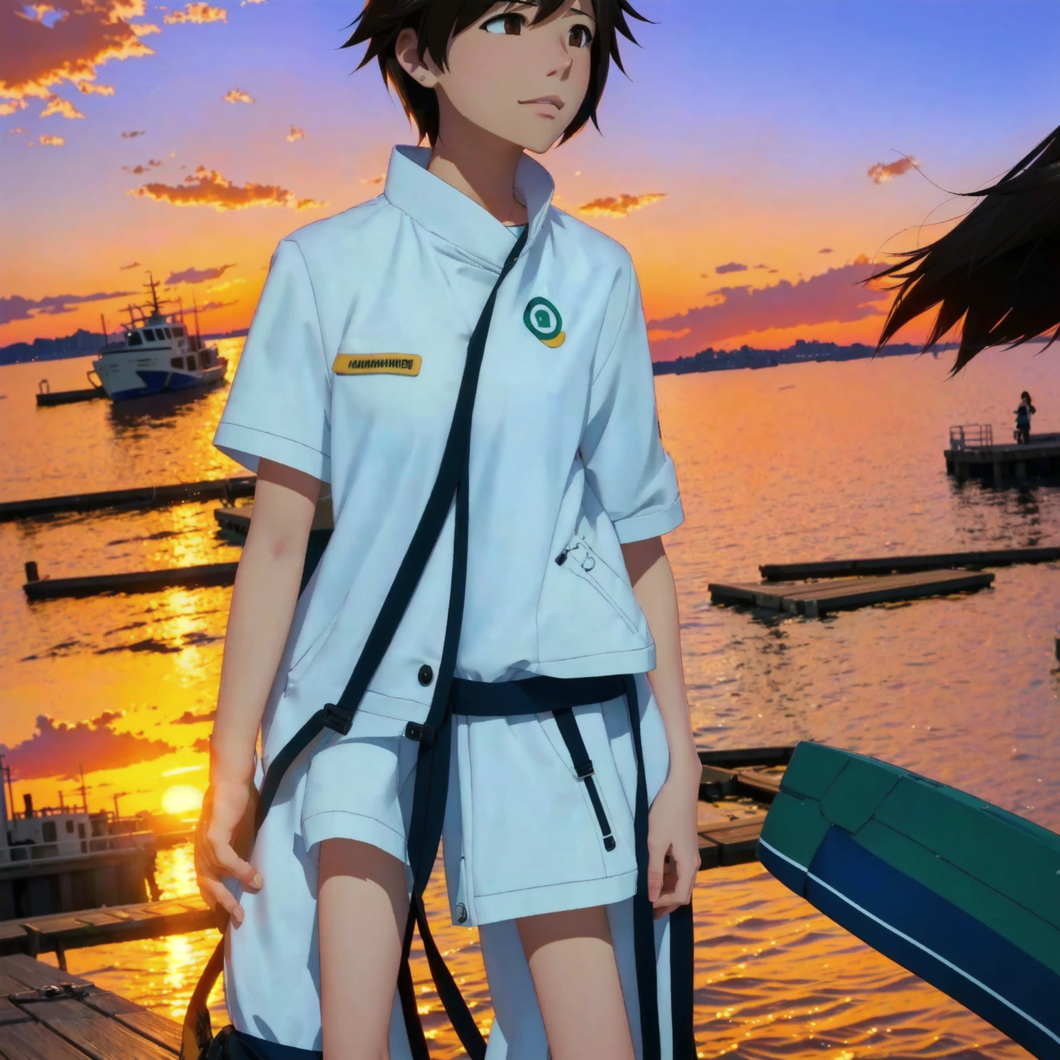cartoon of a woman standing on a dock with a sunset in the background, makoto shinkai art style, makoto shinkai style, in style of makoto shinkai, makoto shinkai ( apex legends ), style of makoto shinkai, makoto shinkai. high detail, makoto shinkai. digital render, inspired by Makoto Shinkai