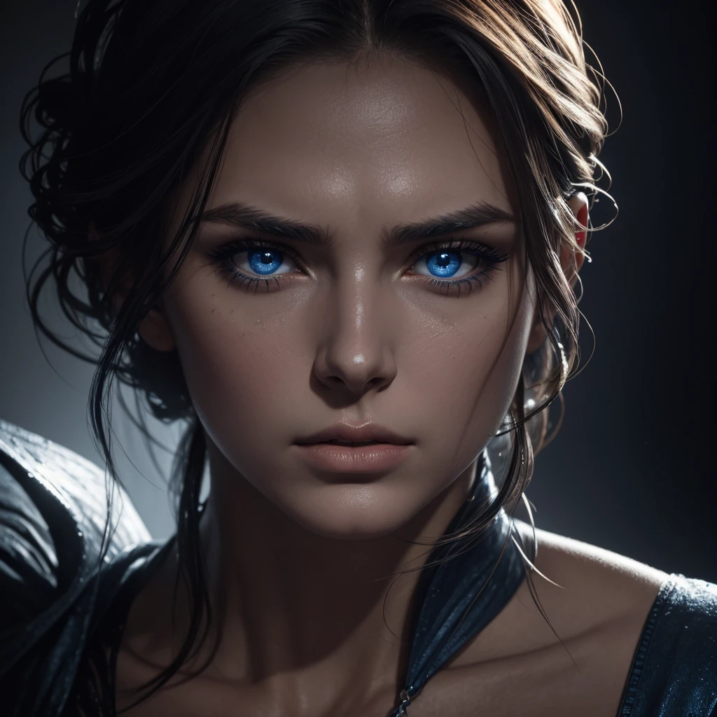 1 woman, striking facial features, deep expressive blue eyes, prominent cheekbones, strong eyebrows, dramatic lighting, chiaroscuro lighting, blurred background, ultra-realistic, 8k, realistic and artistic style, soft skin, intense and captivating mood