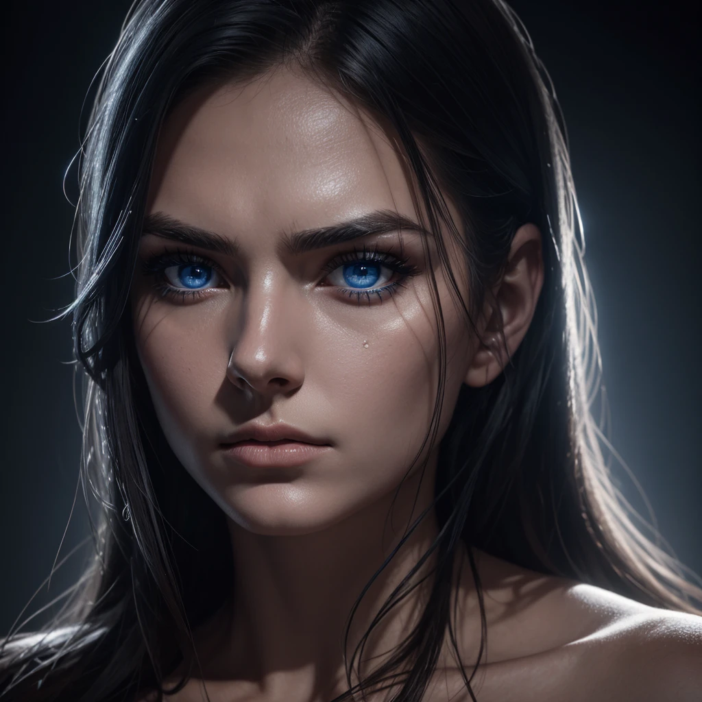 1 woman, striking facial features, deep expressive blue eyes, prominent cheekbones, strong eyebrows, dramatic lighting, chiaroscuro lighting, blurred background, ultra-realistic, 8k, realistic and artistic style, soft skin, intense and captivating mood