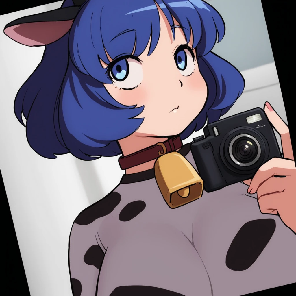 there is a woman with a shirt, short blue hair, isabela moner, short blue fur, short blue fur, with blue fur, color blue, short blue fured woman, pretty girl with blue fur, with short hair, blue furstyle, blue sweater, White skin, clear skin, blue toned hair, blue furs, blue fur, She has a pretty face, young girl, girl of 20, mexican traits, boy hair, black hair, Frizzy hair, mexican, blue tips, bob cut, bob hairstyle, selfie, midbody, torso only, no legs, no legs, autophoto, only face, aesthetic, short hair, Zoom, Zoom facial, short hair, blue hair, auto autophoto, Looking up, camera from above, Angle up, low angle arm, blue hair, autophoto, tousled hair, Zoom face, Zoom al rostro, face close, near the camera, no torso, only face, selfie, selfie pose, selfie pose, photo for icon, profile picture, photo for instagram, chubby girl, Zoom, facial Zoom, close up, she holds the pov, Zoom body, Zoom al cuerpo, holding the camera, but about, foto tomada close up, big breasts, big , natural light, illuminated, fluffy hair, looking straight ahead, close to the camera, in her room, mirror selfie, mirror photo, no phone, neckline, covered chest, big chest, cow underwear, cow girl, cowbell necklace, sexy cow costume, black and white thong, black and white bra, cow design, cow desing, cow girl, fake cow horns, cow bell necklace, fake cow horns, cow bikini, black and white clothes, cow clothes, Dog Collar, necklace with bell, cow clothes, black and white cow bra, black and white stains on clothes, large bell necklace, big black collar, fake horns, cow horns, black fake horns, cow girl, milk girl,