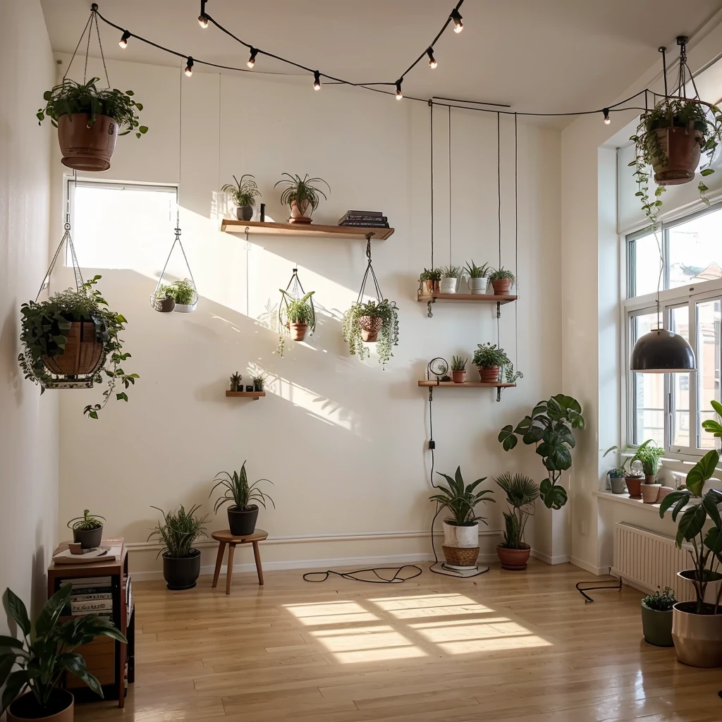 youtube studio modern, background for a digital creator. that has a beautiful artwork, a hanging light suspended plants and a floating book shelf with beautiful accessories warm light and soft low lighting