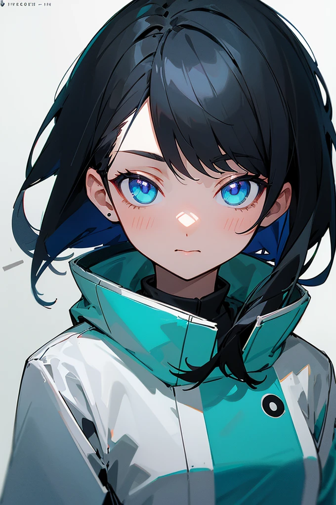 Highest Quality, masutepiece, front facing, 1 girl in, Turquoise eyes, jet-black hair, Jacket (Gray white background:1.4), (night sky background:1.3),