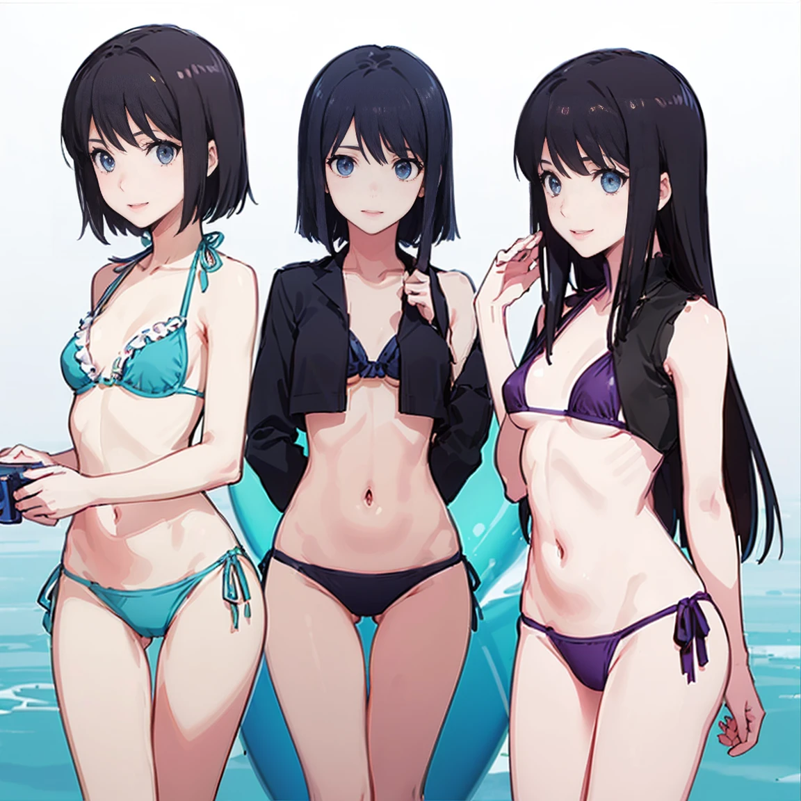 9(((High resolution))), (((Very detailedな))), (((Three Girls:1.3))),((７Head to Body:1.3))、 (((Midday Blue Background)))、(((Happy expression))), (((smile:1.5)))、(((Beautiful and detailed eyes:1.3))), (((Very detailed))), (((Details face:1.5))), break , ,sunny, ,(((Open Vest、bikini、underboob:1.3)))、(((T-back bikini:1.3)),((Very delicate body))、((Very flat chest))、((Small waist))、((thigh gap:1.2))、Friendly atmosphere、