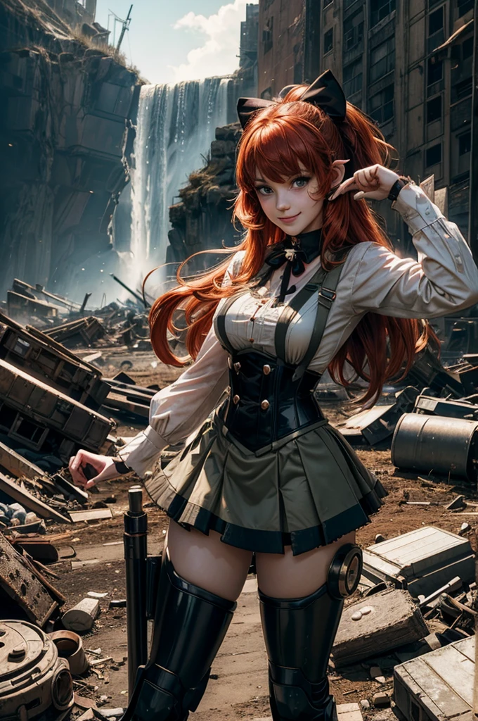 cowboy shot, (dynamic pose), smile, underbust, Penny Polendina, long red hair, neck ribbon, suspender skirt, corset, black bow, white blouse, mechanical legs, neon trim, (standing in aircraft scrapyard), in valley, BREAK mountains in background, waterfall, crowd, (crowd in military dress), post-apocalypse, dystopian future, bonfires (volumetric lighting), intricate details, tonemapping, sharp focus, hyper detailed