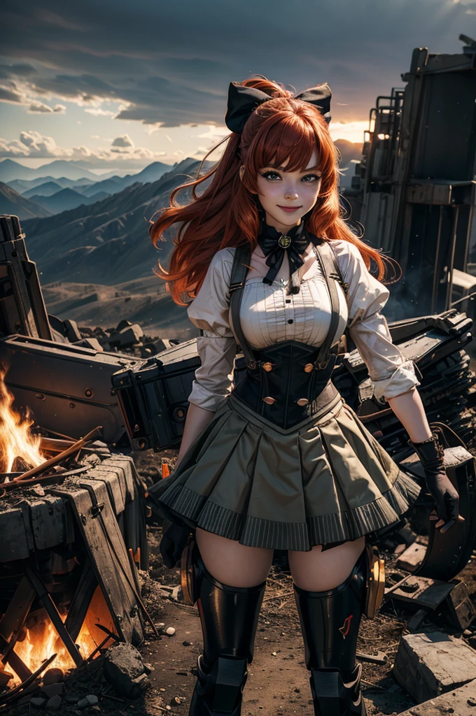 cowboy shot, (dynamic pose), smile, underbust, Penny Polendina, long red hair, neck ribbon, suspender skirt, corset, black bow, white blouse, mechanical legs, neon trim, (standing in aircraft scrapyard), in valley, BREAK mountains in background, waterfall, crowd, (crowd in military dress), post-apocalypse, dystopian future, bonfires (volumetric lighting), intricate details, tonemapping, sharp focus, hyper detailed