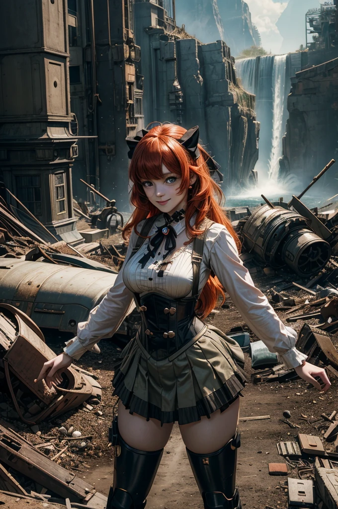 cowboy shot, (dynamic pose), smile,  underbust, Penny Polendina, long red hair, neck ribbon, suspender skirt, corset, black bow, white blouse, mechanical legs, neon trim, (standing in aircraft scrapyard), in valley, BREAK mountains in background, waterfall, crowd, (crowd in military dress), post-apocalypse, dystopian future, bonfires (volumetric lighting), intricate details, tonemapping, sharp focus, hyper detailed

