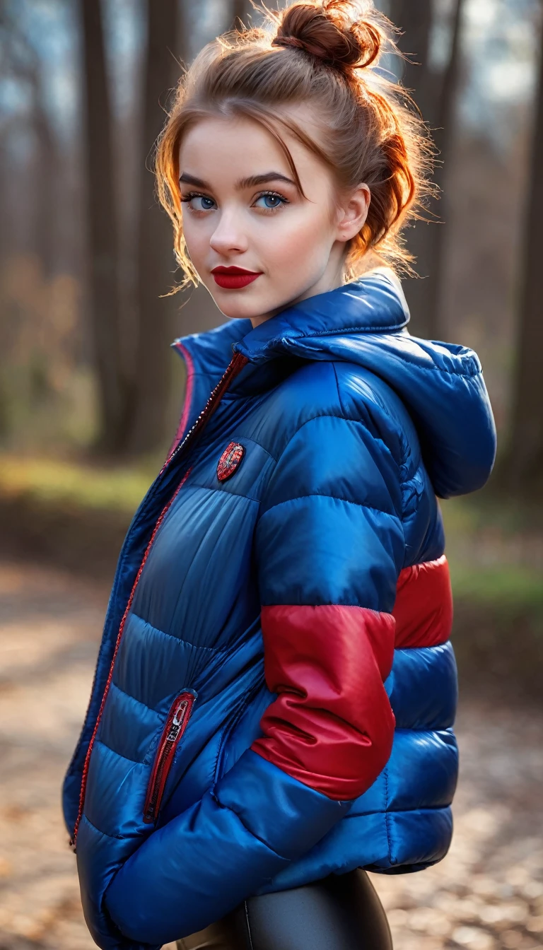 ultrarealistic high quality fullbody photo of a beautiful slim european girl with cute hyperdetailed shy face and natural redhead short messy bun and mischievous face, realistic round hazel eyes, red lips, dark eye makeup with eyeliner, wearing shiny blue puffer jacket and faux leather leggins, hourglass body, outdoor shooting