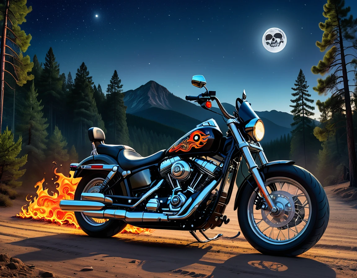 a striking photograph of a black Harley-Davidson motorcycle with a flaming skull sticker, parked on the side of a dirt road next to the mountains, bodywork with silver, reflective details, pine forest, night sky in the background, moon light, sharp focus, smooth colors, high desinition photography, intricate, insanely detailed, ultra-realistic, hdr, 8k