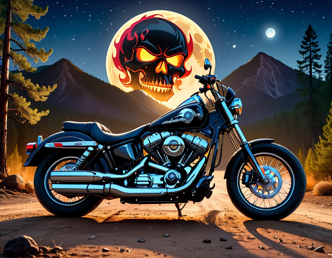 a striking photograph of a black Harley-Davidson motorcycle with a flaming skull sticker, parked on the side of a dirt road next to the mountains, bodywork with silver, reflective details, pine forest, night sky in the background, moon light, sharp focus, smooth colors, high desinition photography, intricate, insanely detailed, ultra-realistic, hdr, 8k