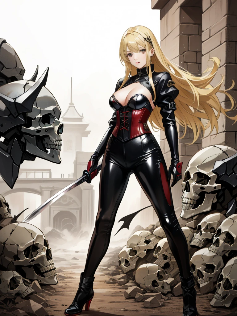 (Realistic photo)(High quality)A powerful sexy blonde in a red corset and black leather pants,standing on a battle field with dead demons laying around her. (Her right foot sits upon a giant skull) and she holds a katana in her right hand. a demon army waits in the background