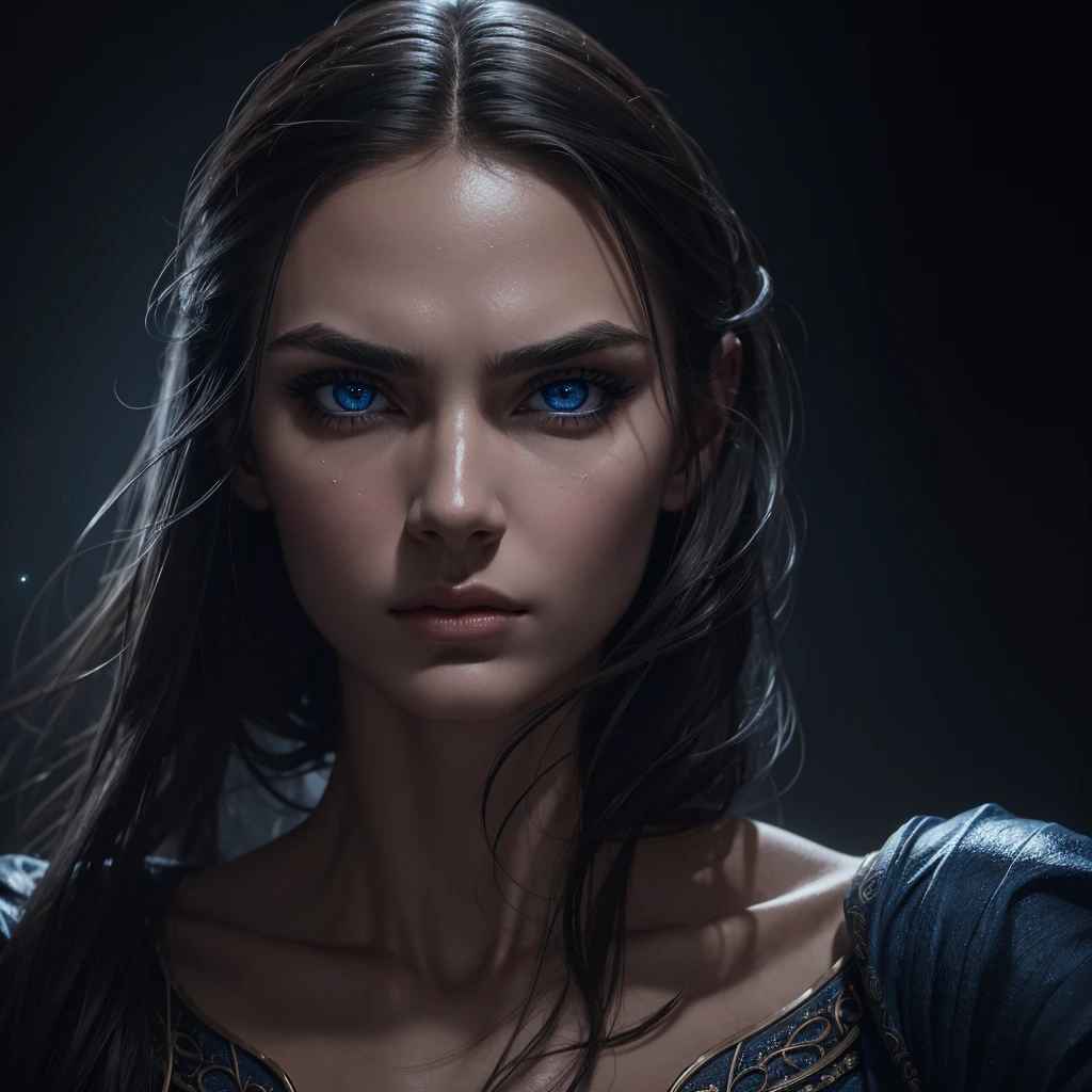 1 woman, striking facial features, deep expressive blue eyes, prominent cheekbones, strong eyebrows, dramatic lighting, chiaroscuro lighting, blurred background, ultra-realistic, 8k, realistic and artistic style, soft skin, intense and captivating mood