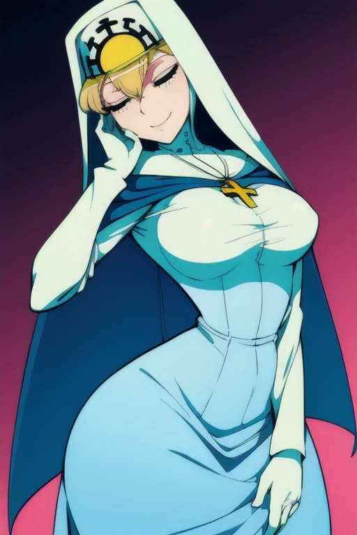 Double, short blonde hair, medium breasts, solo, smiling, cowboy shot, closed eyes, 
 blue habit, cross necklace ,white gloves, long sleeves, nun, long skirt
(insanely detailed, beautiful detailed face,beautiful detailed eyes, masterpiece, best quality) room, bedroom, sexy pose, cloak, cape