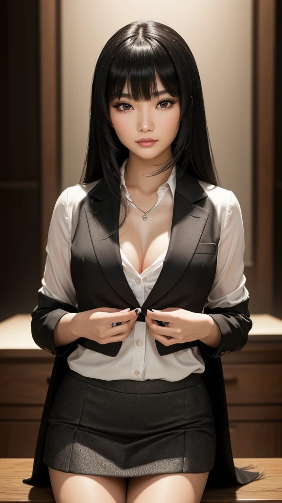 a beautiful asian woman with long black hair and bangs, wearing a blazer and skirt, posing on a tabletop with dramatic lighting, highly detailed, photorealistic, cinematic lighting, (best quality,4k,8k,highres,masterpiece:1.2),ultra-detailed,(realistic,photorealistic,photo-realistic:1.37),HDR,studio lighting,extremely detailed face and eyes,beautiful detailed eyes,beautiful detailed lips,longeyelashes,elegant,thoughtful expression