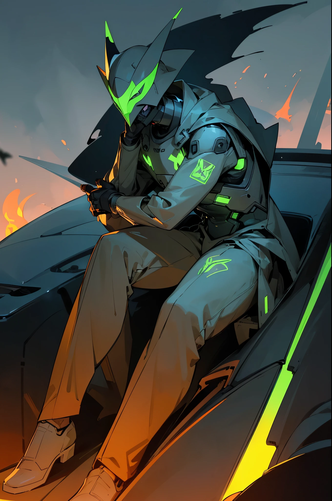 landscape photograph of a boy sitting on a car hood with lighting from the background, however the scene is in black and white except for the flames of the campfire the boy is wearing a cybernetic suit with rays and green neon lights being emitted while wearing a hat black hunter and a mask that has an owl printed on it covering his entire face
