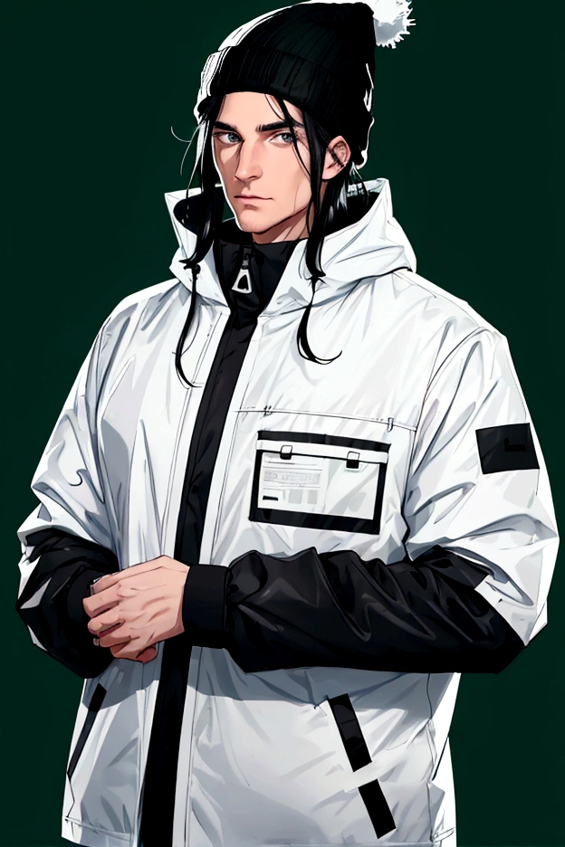 a white man with black hair, combed backwards, wearing a black beanie, with a chin full of long black hair, dressed in a waterproof jacket, looking straight at the camera, ID photo, with a green background in the background, man attractive looking forward with arms crossed, document photo