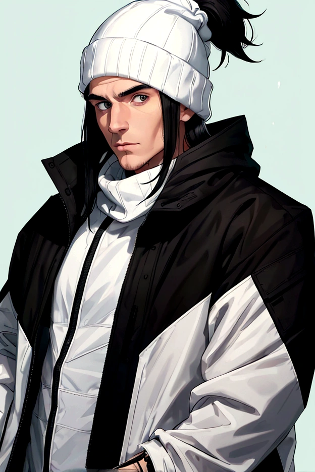 a white man with black hair, combed backwards, wearing a black beanie, with a chin full of long black hair, dressed in a waterproof jacket, looking straight at the camera, ID photo, with a green background in the background, man attractive looking forward with arms crossed, document photo