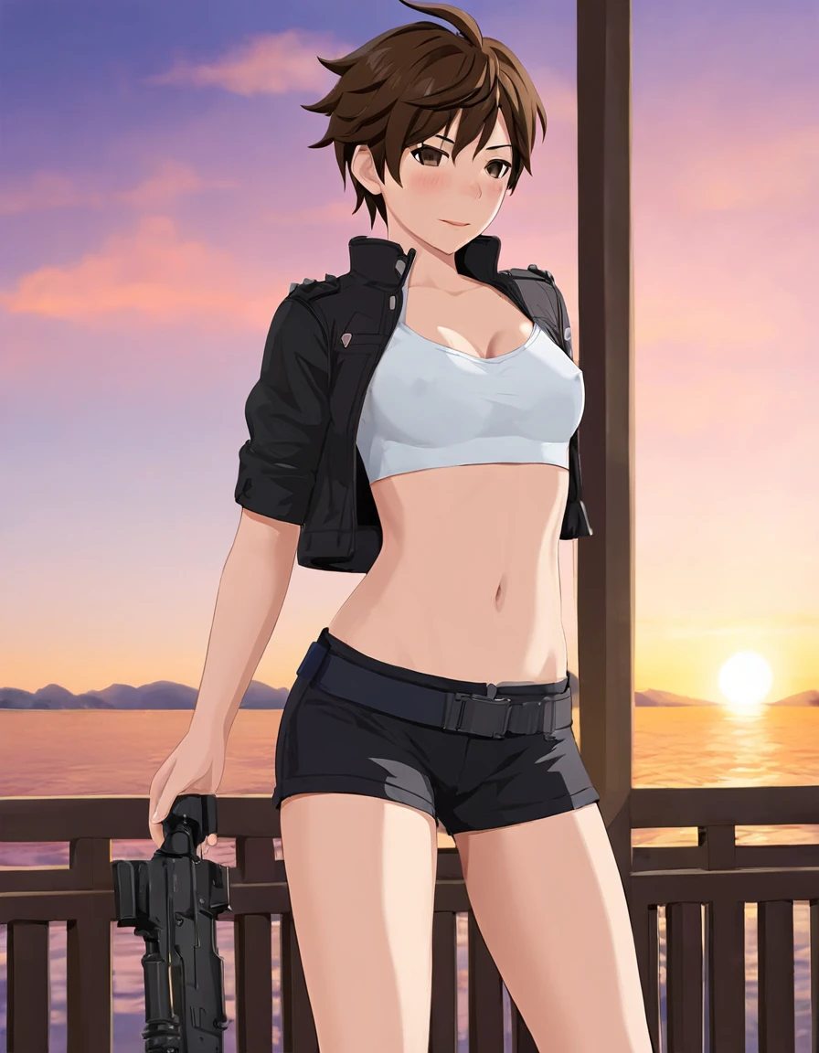 cartoon of a woman standing on a dock with a sunset in the background, makoto shinkai art style, makoto shinkai style, in style of makoto shinkai, makoto shinkai ( apex legends ), style of makoto shinkai, makoto shinkai. high detail, makoto shinkai. digital render, inspired by Makoto Shinkai