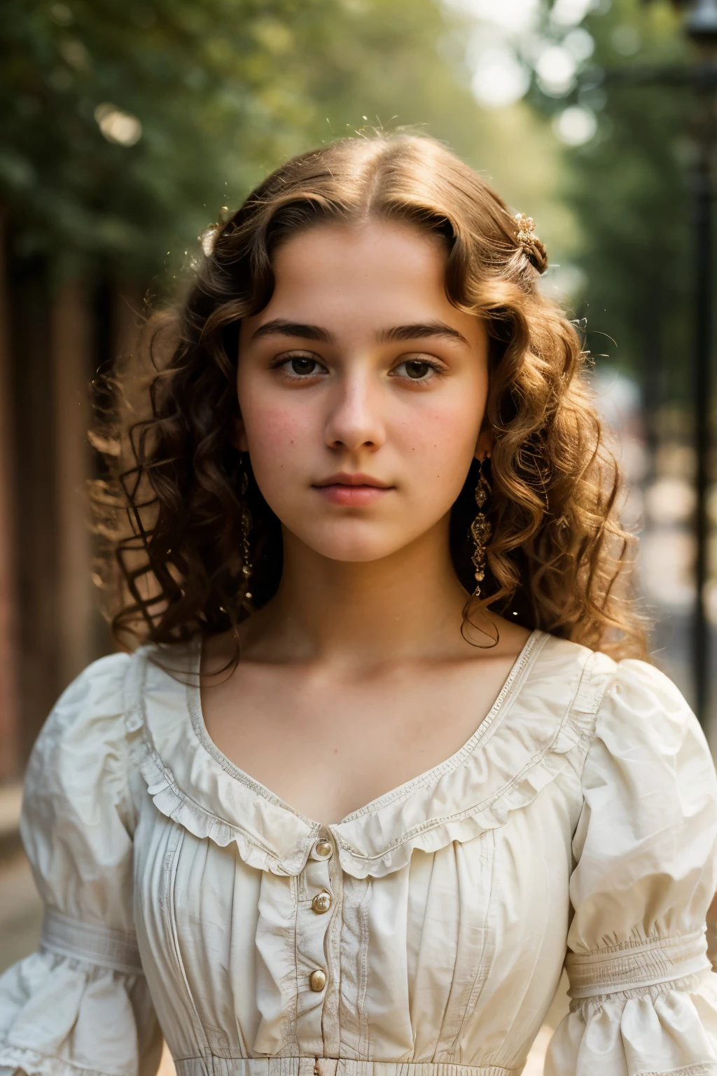 (a closeup of a beautiful 15 year old girl on a 19th century street in a vintage dress), (Serious:0.5), (Very detailed face:1.4), big ass, 19th century Victorian style, evening, vintage lighting, medium curly hair