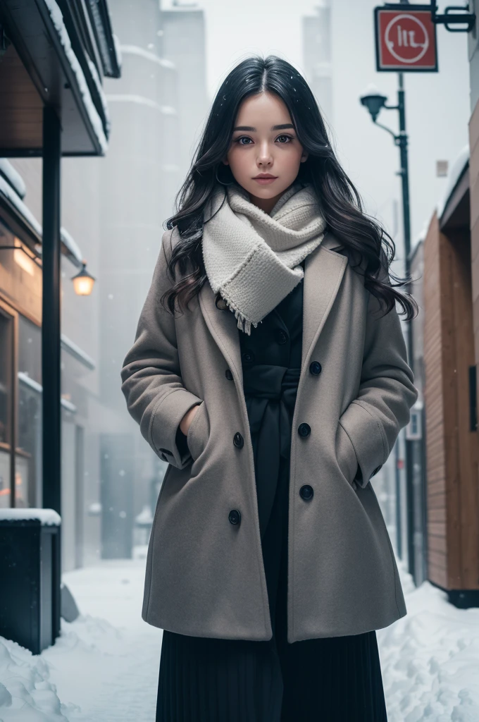 professional photograph of a beautiful norwegian girl in winter clothes with long black wavy hair, sensual and seductive look, beautiful symmetrical face, beautiful natural makeup, wearing chic warm winter fashion clothing, ((standing outside on the snowy city street)), impressive modern urban environment, ultra realistic, conceptual artwork, chic, highy detailed, intricate, sharp focus, Depth of field, f/1. 8, 85 mm, medium shot, mid shot, (((professional color grading))), soft and bright diffused light, (Volumetric fog), Trends on Instagram, HD 4k, 8K
