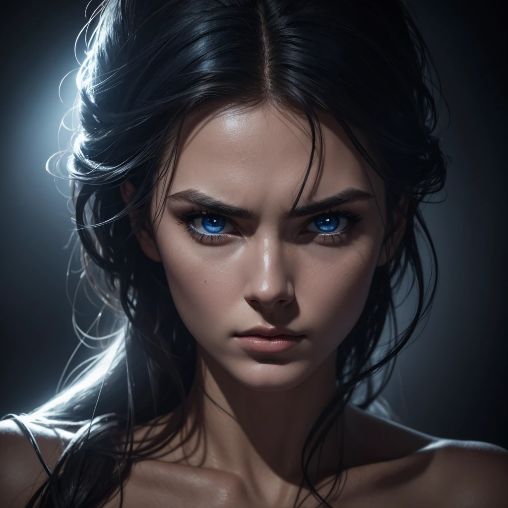 1 woman, striking facial features, deep expressive blue eyes, prominent cheekbones, strong eyebrows, dramatic lighting, chiaroscuro lighting, blurred background, ultra-realistic, 8k, realistic and artistic style, soft skin, intense and captivating mood