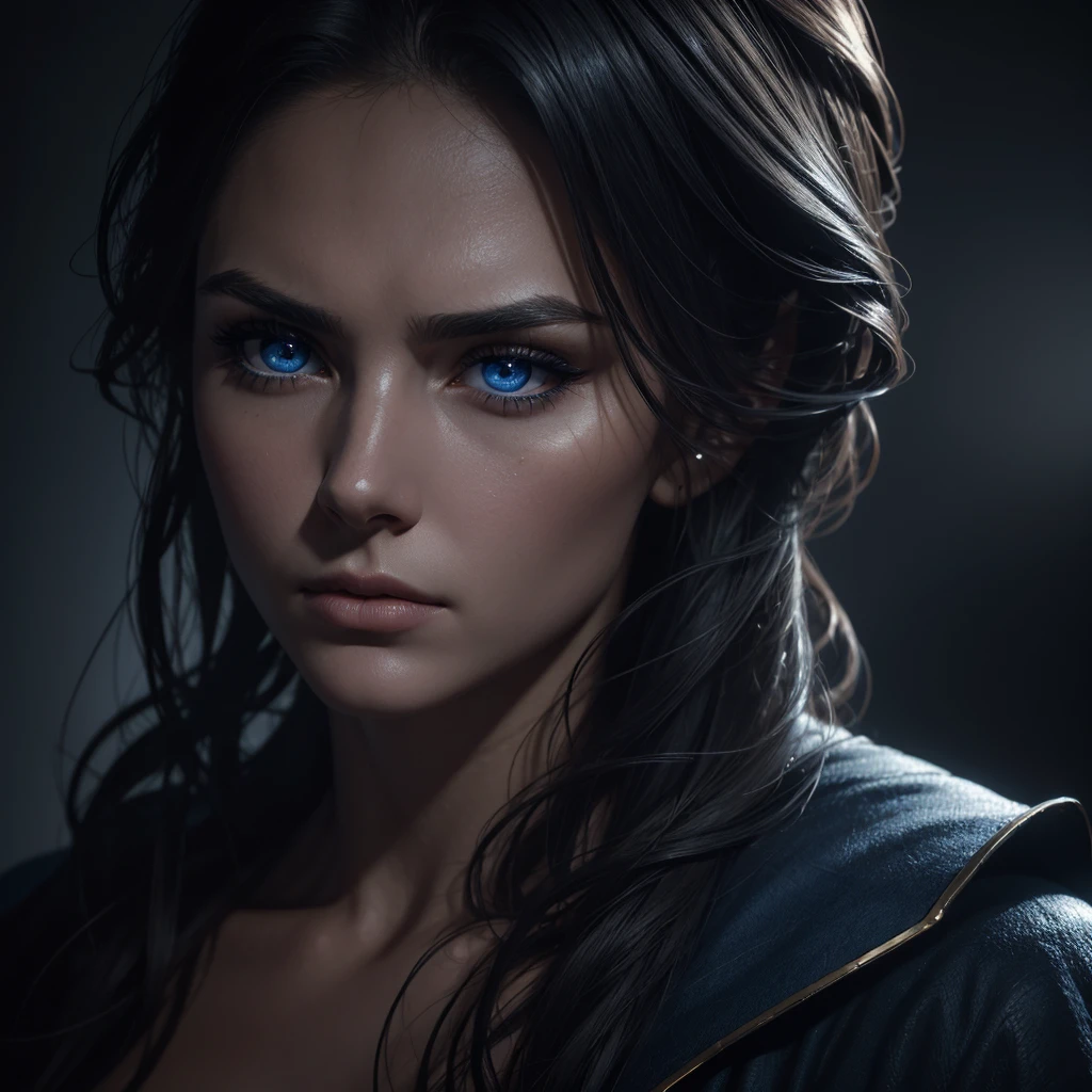 1 woman, striking facial features, deep expressive blue eyes, prominent cheekbones, strong eyebrows, dramatic lighting, chiaroscuro lighting, blurred background, ultra-realistic, 8k, realistic and artistic style, soft skin, intense and captivating mood