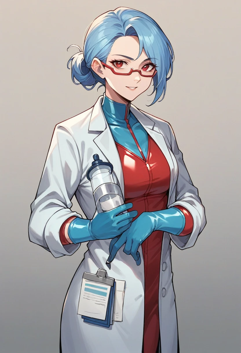 1girl, ((blue gloves)), ((surgical gloves)), ((latex gloves)), ((long sleeves)), ((red surgeon outfit)), looking at viewer, ((doctor)), standing, solo