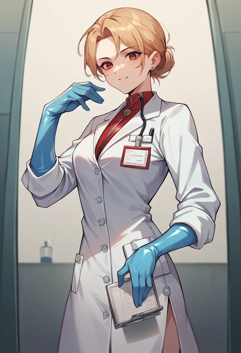 1girl, ((blue gloves)), ((surgical gloves)), ((latex gloves)), ((long sleeves)), ((red surgeon outfit)), looking at viewer, ((doctor)), standing, solo