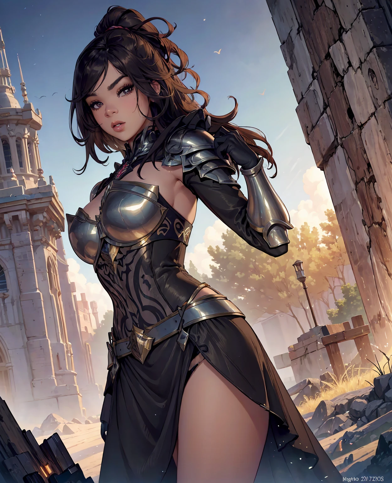 Hailee steinfeld, knight girl, 1girl, beautiful detailed eyes, beautiful detailed lips, extremely detailed face and features, long eyelashes, medieval knight armor, sword, shield, epic fantasy, intricate details, dynamic pose, dramatic lighting, cinematic, vibrant colors, digital painting, matte painting, (best quality, 8k, highres, masterpiece:1.2), ultra-detailed, (realistic, photorealistic:1.4), cinematic lighting, dramatic atmosphere