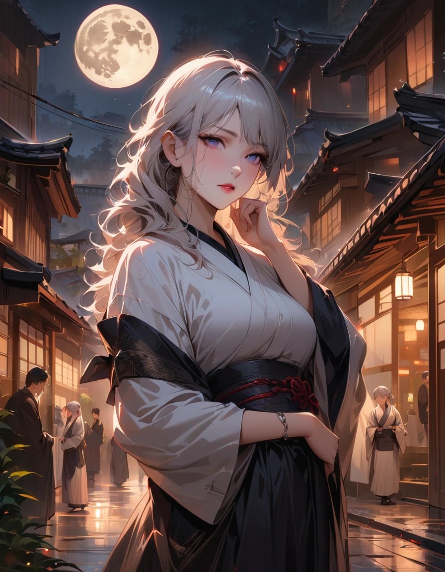 (masterpiece, Best quality) detailed,realistic,night, full moon, young woman, Japanese style, Japanese village, cold expression, expressive face, white-silver hair, mesmerizing eyes,Peace of mind, intellectual, elegant pose,unearthly beauty,Three belts, gray pupils, murderer, Short knife, Walking through streetscapes