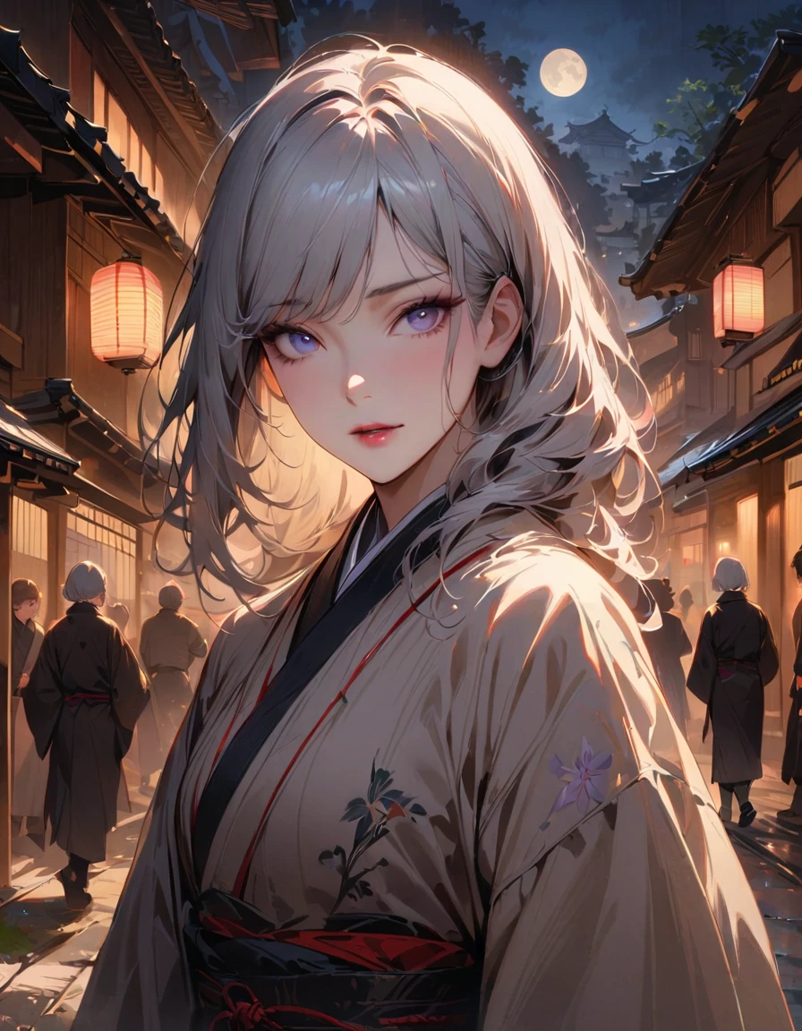 (masterpiece, Best quality) detailed,realistic,night, full moon, young woman, Japanese style, Japanese village, cold expression, expressive face, white-silver hair, mesmerizing eyes,Peace of mind, intellectual, elegant pose,unearthly beauty,Three belts, gray pupils, murderer, Short knife, Walking through streetscapes