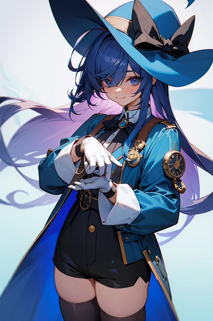 -Focalors,solo,hat,gloves,ahoge,shorts,hair over one eye,1girl,looking at viewer,long sleeves,cowboy shot,blue headwear,closed mouth,smile,holding,pocket watch,long hair,bangs,bow,thighhighs,white gloves,