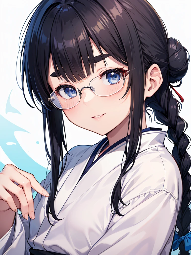 masterpiece, Highest quality, One Woman, Japanese people in their 20s々, smile, (Black-haired, Hair Bun, With bangs, Gather your bangs into two braids), (Thick eyebrows, Draw Thick eyebrowss), (drooping eyes, blue eyes, blue eyes), Small Nose, Thick lips, (Rimless Glasses, Small glasses, Women&#39;s Glasses), Tan Skin, Robe Dress, (Looking into the camera, In front of the camera, Look at the viewers, frontal pose, Face the viewer, Look forward).