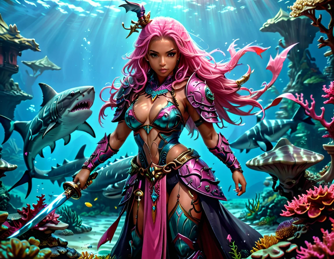 , a wide angle picture of a female human druid swimming along her pet shark, priest of underwater nature, cleric of underwater nature, art full body, ((anatomically correct)), dynamic position (intricate details, Masterpiece, best quality: 1.5) talking to a shark (intricate details, Masterpiece, best quality: 1.5) under the sea (intricate details, Masterpiece, best quality: 1.5), a human woman wearing scale armor ((intricate details, Masterpiece, best quality: 1.4) leather boots, armed with a katana, DruidMagicAI, thick hair, long hair, pink hair, tan skin intense brown eyes, undersea background (intense details), night undersea( (intricate details, Masterpiece, best quality: 1.5)high details, best quality, 16k, RAW, (ultra detailed: 1.5), masterpiece, best quality, (extremely detailed), dynamic angle, ultra wide shot, RAW, photorealistic, fantasy art, rpg art, realistic ), dynamic angle, (intricate details, Masterpiece, best quality: 1.5)), high details, best quality, highres, ultra wide angle, Wielding sword, chumbasket art style, katana