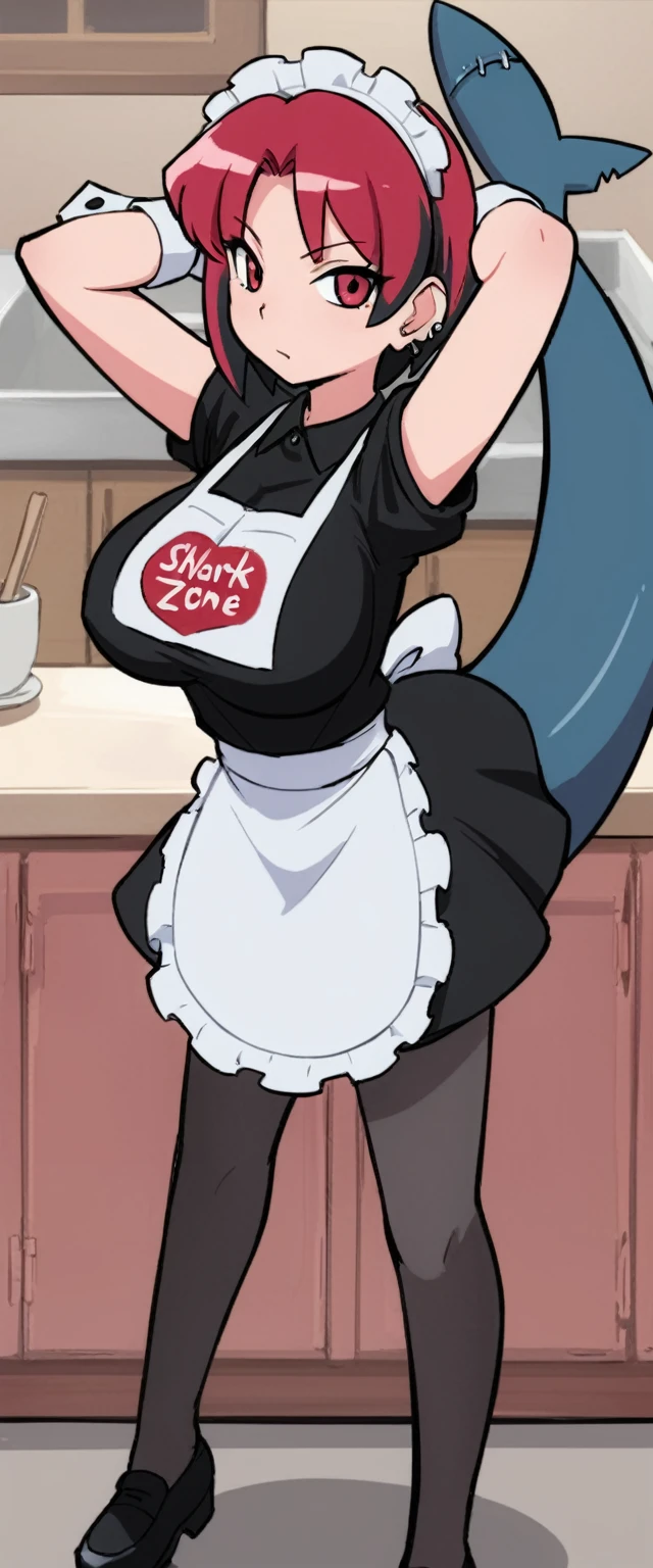 solo,1girl(big breast)(masterpiece, best quality:1.2),Ellen Jo,Zenless Zone Zero,alternate costume ,maid, shark tail, (shark girl:0.5), short hair,black hair,red eyes, tail, pantyhose,multicolored hair, black footwear, short sleeves, apron, wrist cuffs, maidheaddress, stockings, nyantchaellen joe, black hair, red hair,colored inner hair, multicolored hair, (red eyes:1.3), red hair, short hair, two-tone hair,apron, black pantyhose, black shirt, ear piercing,