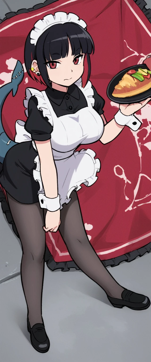 solo,1girl(big breast)(masterpiece, best quality:1.2),Ellen Jo，Zenless Zone Zero，alternate costume ,maid, shark tail, (shark girl:0.5), short hair，black hair，red eyes, tail, pantyhose,multicolored hair, black footwear, short sleeves, apron, wrist cuffs, maidheaddress, stockings, nyantchaellen joe, black hair, red hair，colored inner hair, multicolored hair, (red eyes:1.3), red hair, short hair, two-tone hair,apron, black pantyhose, black shirt, ear piercing,