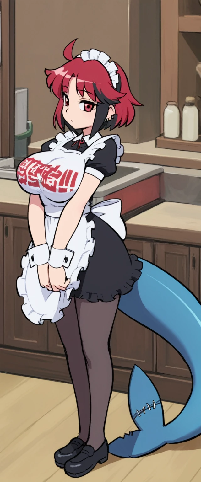 solo,1girl(big breast)(masterpiece, best quality:1.2),Ellen Jo,Zenless Zone Zero,alternate costume ,maid, shark tail, (shark girl:0.5), short hair,black hair,red eyes, tail, pantyhose,multicolored hair, black footwear, short sleeves, apron, wrist cuffs, maidheaddress, stockings, nyantchaellen joe, black hair, red hair,colored inner hair, multicolored hair, (red eyes:1.3), red hair, short hair, two-tone hair,apron, black pantyhose, black shirt, ear piercing,