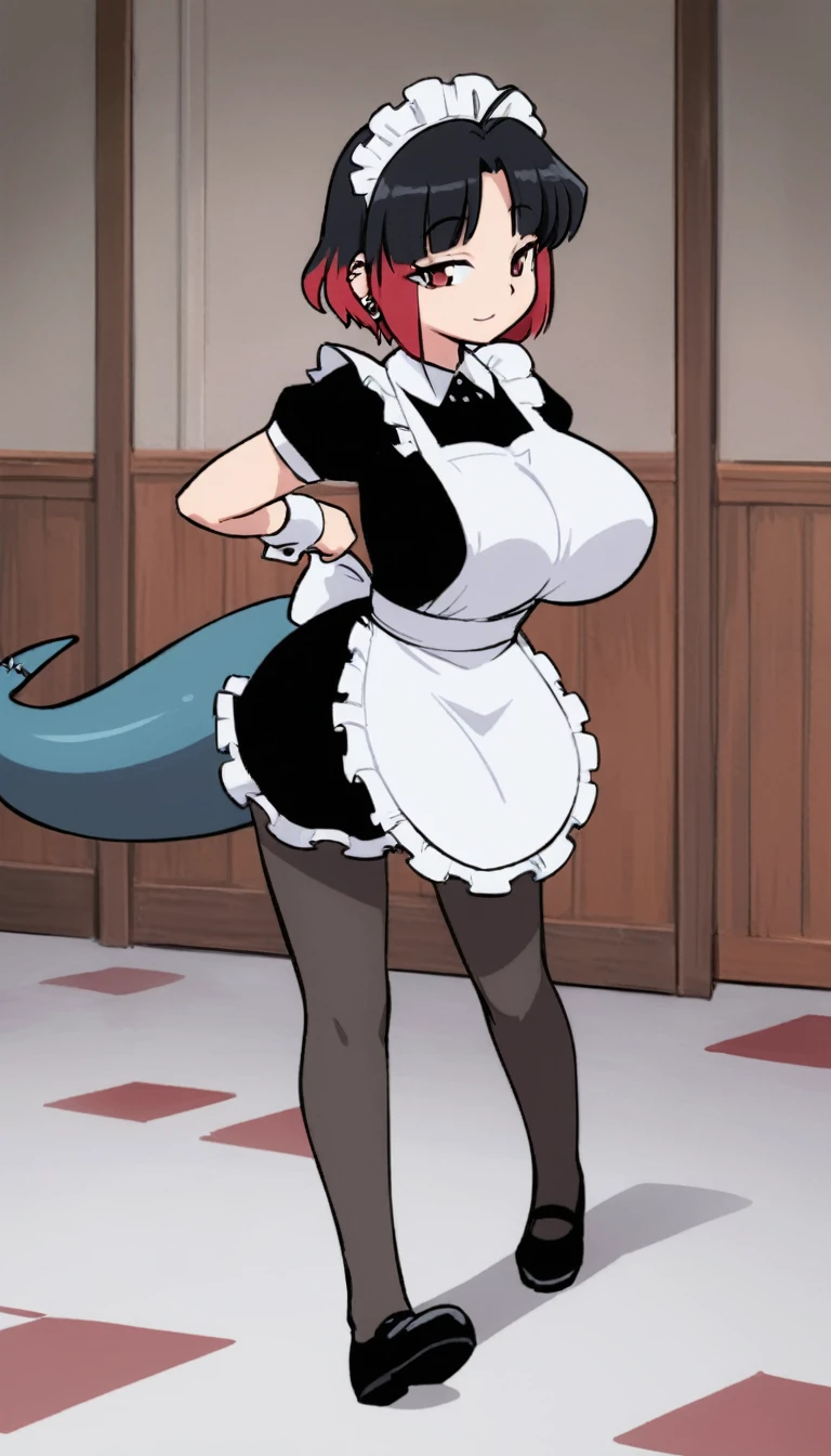 solo,1girl(big breast)(masterpiece, best quality:1.2),Ellen Jo，Zenless Zone Zero，alternate costume ,maid, shark tail, (shark girl:0.5), short hair，black hair，red eyes, tail, pantyhose,multicolored hair, black footwear, short sleeves, apron, wrist cuffs, maidheaddress, stockings, nyantchaellen joe, black hair, red hair，colored inner hair, multicolored hair, (red eyes:1.3), red hair, short hair, two-tone hair,apron, black pantyhose, black shirt, ear piercing,