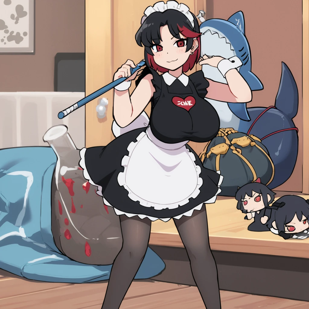 Obra maestra, mejor calidad,solo,1girl(big breast)(masterpiece, best quality:1.2),Ellen Jo,Zenless Zone Zero,alternate costume ,maid, shark tail, (shark girl:0.5), short hair,black hair,red eyes, tail, pantyhose,multicolored hair, black footwear, short sleeves, apron, wrist cuffs, maidheaddress, stockings, nyantchaellen joe, black hair, red hair,colored inner hair, multicolored hair, (red eyes:1.3), red hair, short hair, two-tone hair,apron, black pantyhose, black shirt, ear piercing,
1 chica,contratado \(impacto genshin\),cara de meme,chibi