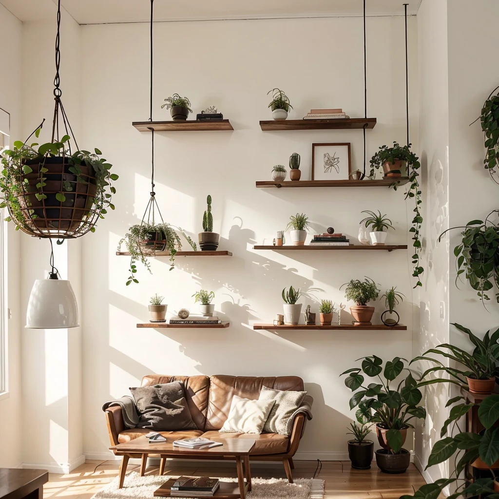 youtube studio modern, background for a digital creator. that has a beautiful artwork, a hanging light suspended  plants and a floating book shelf with beautiful accessories warm light and soft low lighting 