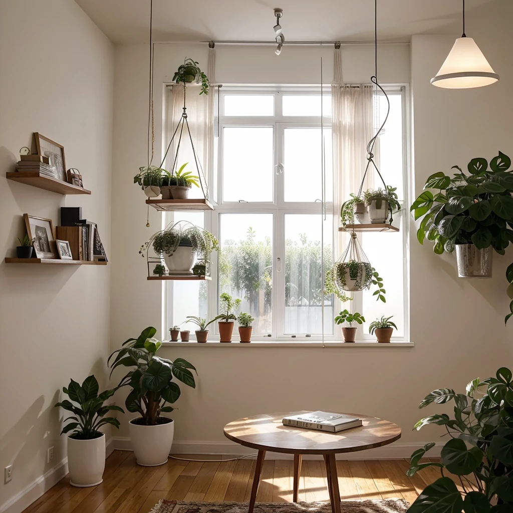 youtube studio modern, background for a digital creator. that has a beautiful artwork, a hanging light suspended  plants and a floating book shelf with beautiful accessories warm light and soft low lighting 