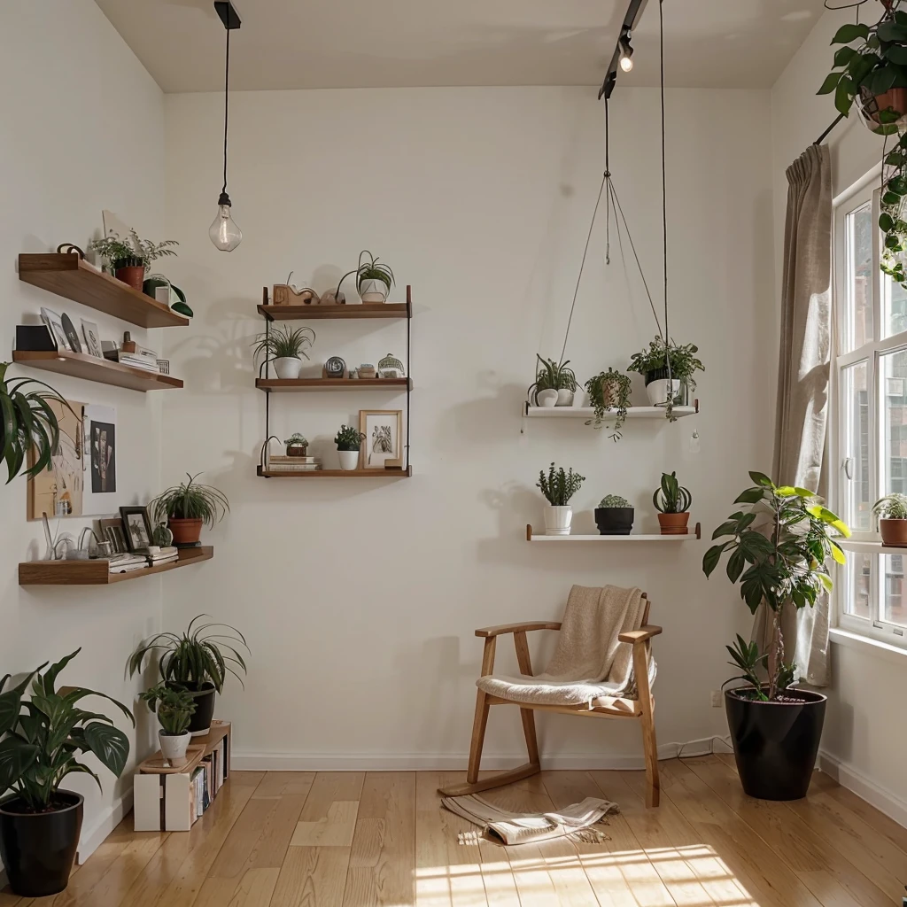 youtube studio modern, background for a digital creator. that has a beautiful artwork, a hanging light suspended plants and a floating book shelf with beautiful accessories warm light and soft low lighting