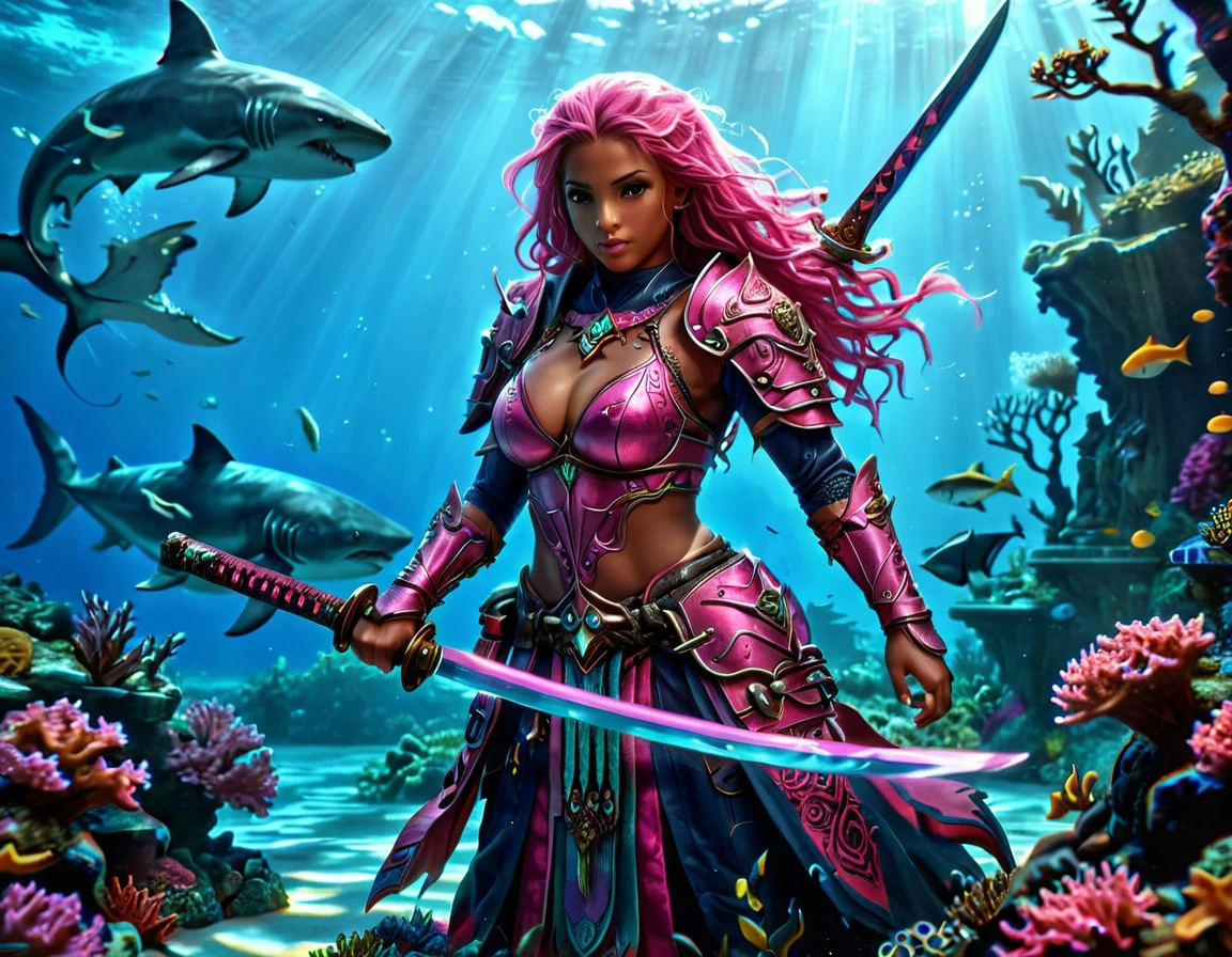 , a wide angle picture of a female human druid swimming along her pet shark, priest of underwater nature, cleric of underwater nature, art full body, ((anatomically correct)), dynamic position (intricate details, Masterpiece, best quality: 1.5) talking to a shark (intricate details, Masterpiece, best quality: 1.5) under the sea (intricate details, Masterpiece, best quality: 1.5), a human woman wearing scale armor ((intricate details, Masterpiece, best quality: 1.4) leather boots, armed with a katana, DruidMagicAI, thick hair, long hair, pink hair, tan skin intense brown eyes, undersea background (intense details), night undersea( (intricate details, Masterpiece, best quality: 1.5)high details, best quality, 16k, RAW, (ultra detailed: 1.5), masterpiece, best quality, (extremely detailed), dynamic angle, ultra wide shot, RAW, photorealistic, fantasy art, rpg art, realistic ), dynamic angle, (intricate details, Masterpiece, best quality: 1.5)), high details, best quality, highres, ultra wide angle, Wielding sword, chumbasket art style, katana