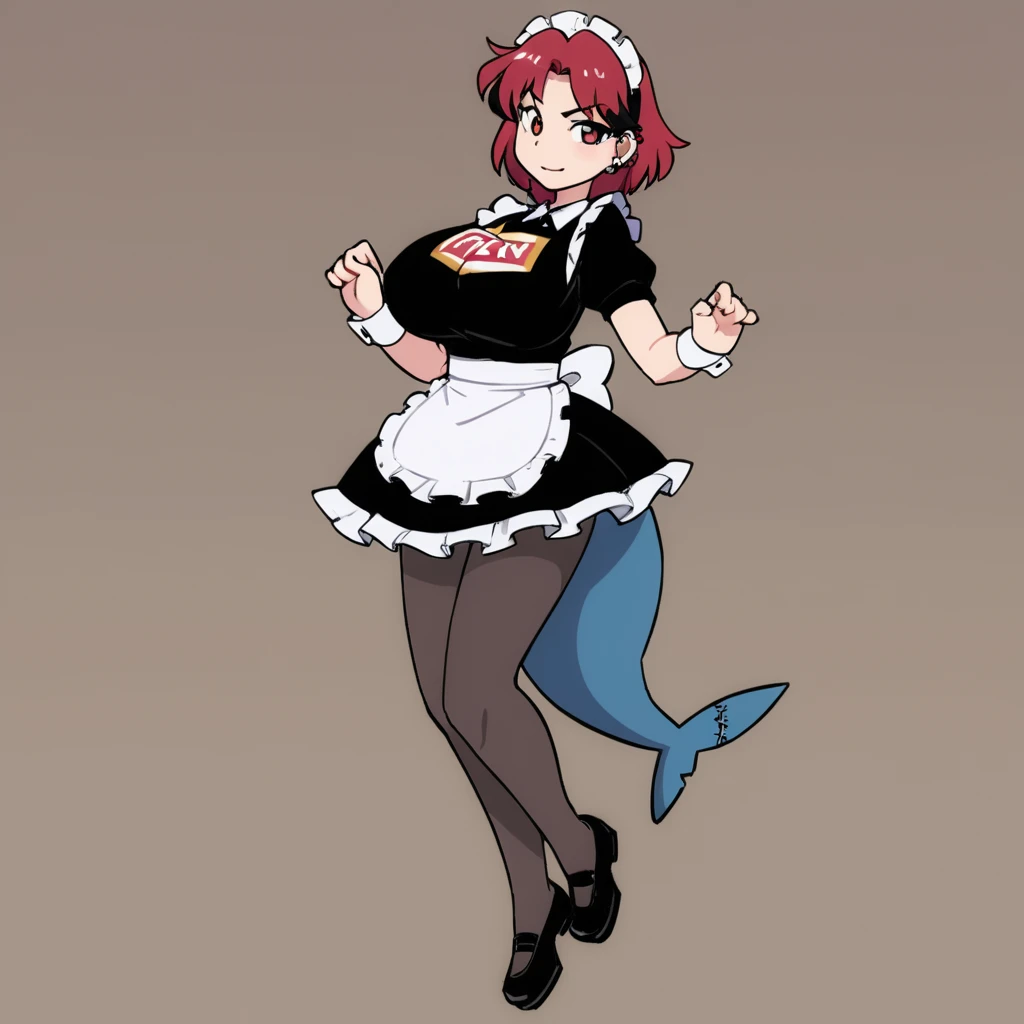 solo,1girl(big breast)(masterpiece, best quality:1.2),Ellen Jo，Zenless Zone Zero，alternate costume ,maid, shark tail, (shark girl:0.5), short hair，black hair，red eyes, tail, pantyhose,multicolored hair, black footwear, short sleeves, apron, wrist cuffs, maidheaddress, stockings, nyantchaellen joe, black hair, red hair，colored inner hair, multicolored hair, (red eyes:1.3), red hair, short hair, two-tone hair,apron, black pantyhose, black shirt, ear piercing,