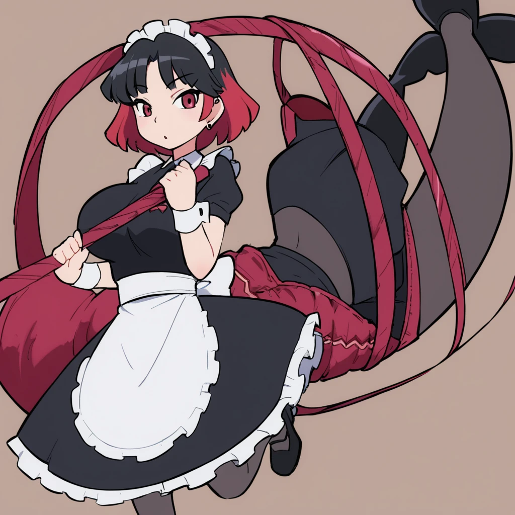 solo,1girl(big breast)(masterpiece, best quality:1.2),Ellen Jo，Zenless Zone Zero，alternate costume ,maid, shark tail, (shark girl:0.5), short hair，black hair，red eyes, tail, pantyhose,multicolored hair, black footwear, short sleeves, apron, wrist cuffs, maidheaddress, stockings, nyantchaellen joe, black hair, red hair，colored inner hair, multicolored hair, (red eyes:1.3), red hair, short hair, two-tone hair,apron, black pantyhose, black shirt, ear piercing,