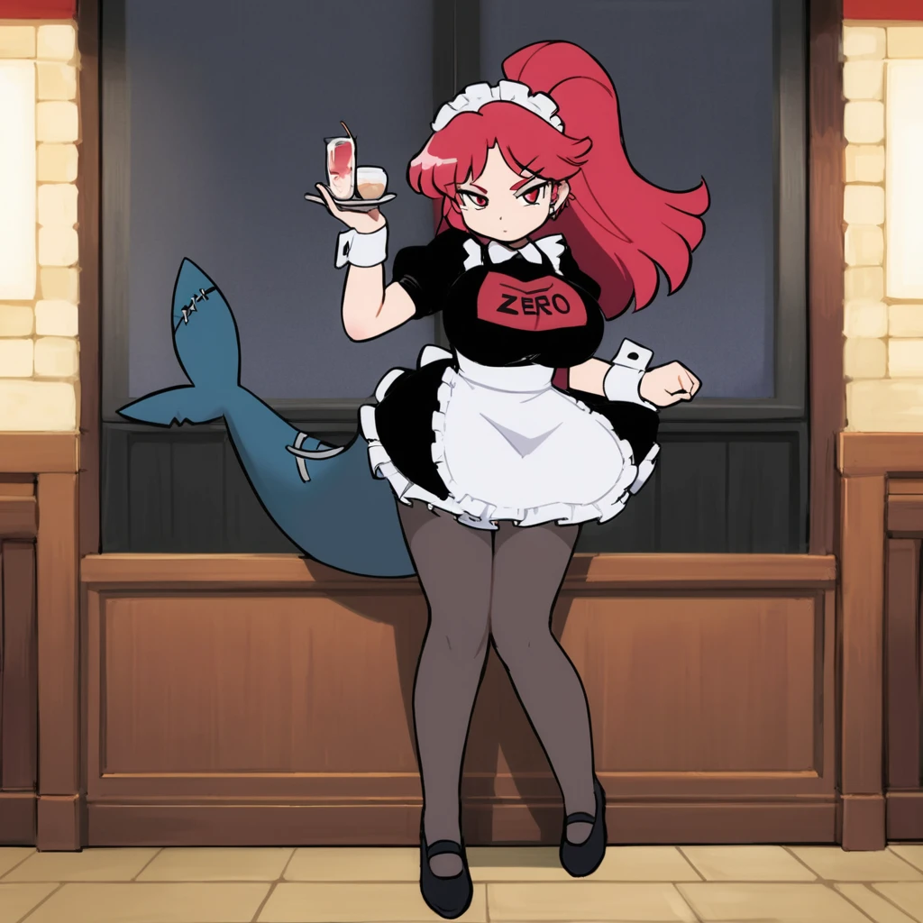 olo,1girl(big breast)(masterpiece, best quality:1.2),Ellen Jo,Zenless Zone Zero,alternate costume ,maid, shark tail, (shark girl:0.5), short hair,black hair,red eyes, tail, pantyhose,multicolored hair, black footwear, short sleeves, apron, wrist cuffs, maidheaddress, stockings, nyantchaellen joe, black hair, red hair,colored inner hair, multicolored hair, (red eyes:1.3), red hair, short hair, two-tone hair,apron, black pantyhose, black shirt, ear piercing,
