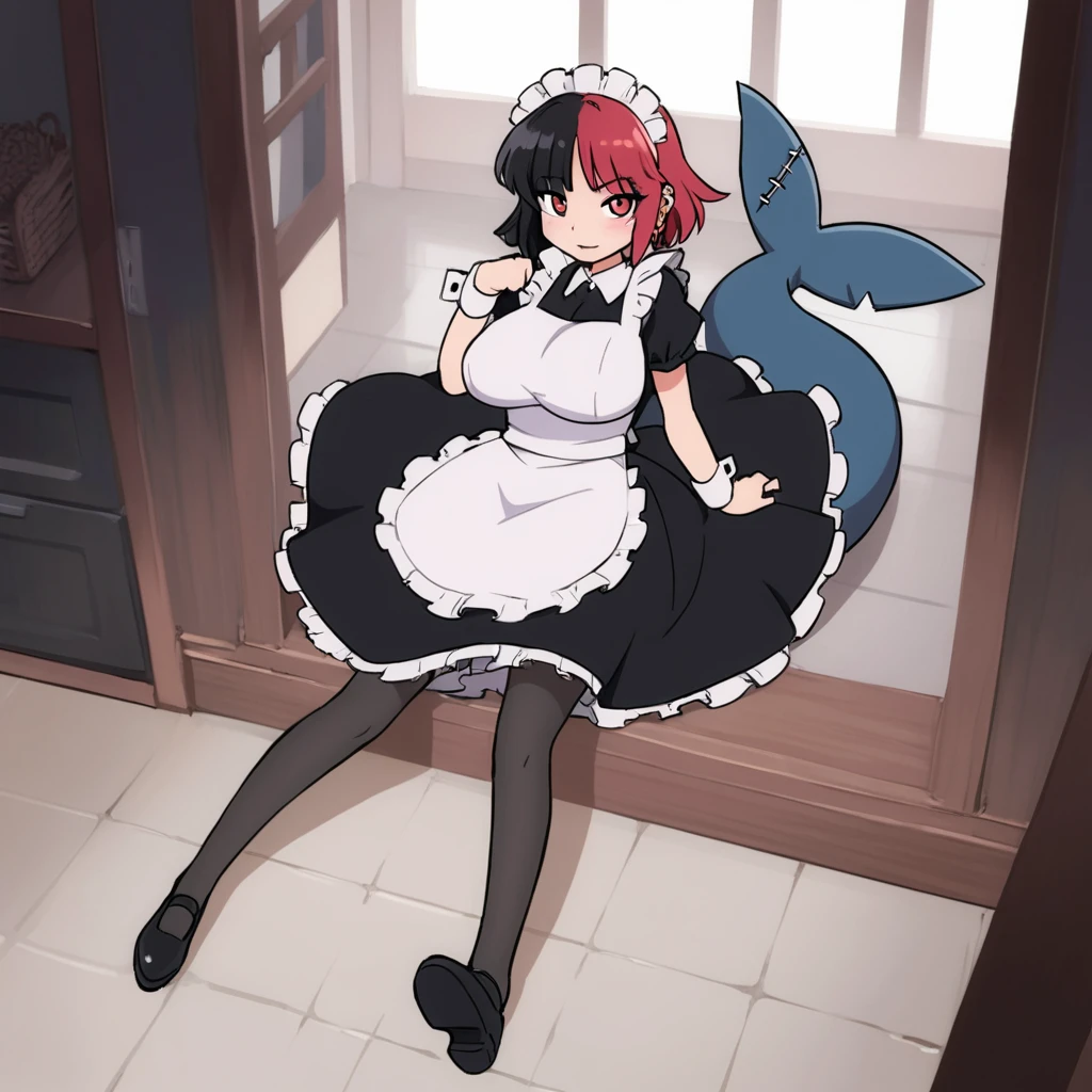 solo,1girl(big breast)(masterpiece, best quality:1.2),Ellen Jo，Zenless Zone Zero，alternate costume ,maid, shark tail, (shark girl:0.5), short hair，black hair，red eyes, tail, pantyhose,multicolored hair, black footwear, short sleeves, apron, wrist cuffs, maidheaddress, stockings, nyantchaellen joe, black hair, red hair，colored inner hair, multicolored hair, (red eyes:1.3), red hair, short hair, two-tone hair,apron, black pantyhose, black shirt, ear piercing,