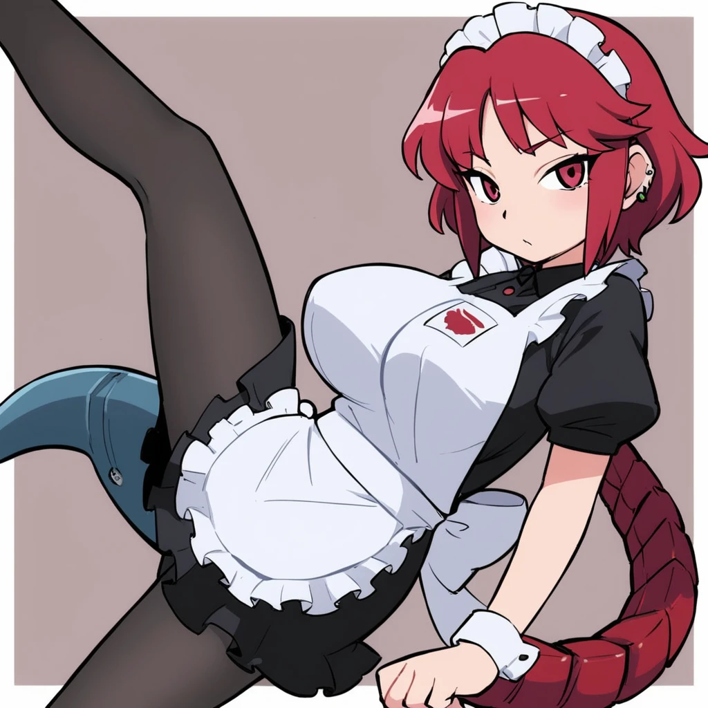 solo,1girl(big breast)(masterpiece, best quality:1.2),Ellen Jo，Zenless Zone Zero，alternate costume ,maid, shark tail, (shark girl:0.5), short hair，black hair，red eyes, tail, pantyhose,multicolored hair, black footwear, short sleeves, apron, wrist cuffs, maidheaddress, stockings, nyantchaellen joe, black hair, red hair，colored inner hair, multicolored hair, (red eyes:1.3), red hair, short hair, two-tone hair,apron, black pantyhose, black shirt, ear piercing,